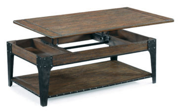 The Lakehurst Lift Top Cocktail Table by Magnussen is crafted from ash veneer, hardwood solids, metal and casters and has a natural ash finish.