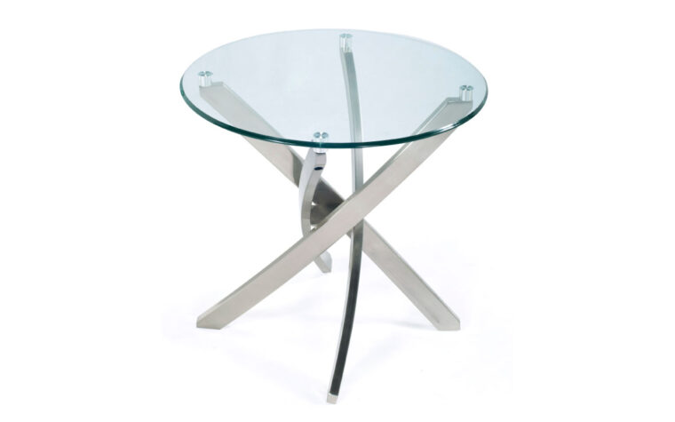 The Zila End Table by Magnussen is constructed from metal and class and has a brushed nickel finish