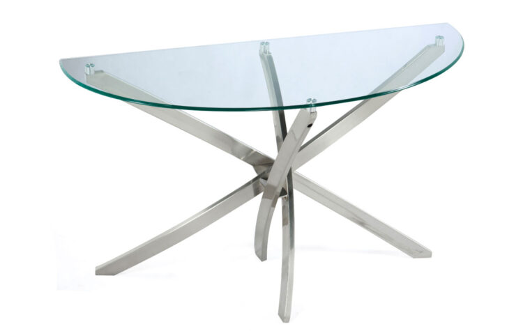 The Zila Sofa Table by Magnussen is constructed from metal and class and has a brushed nickel finish