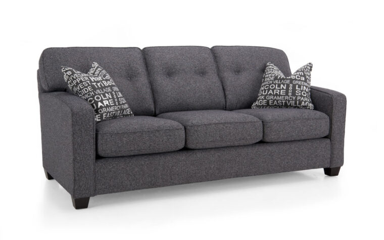 2298 sofa is a transitional sofa in a dark charcoal fabric with tufted back cushions