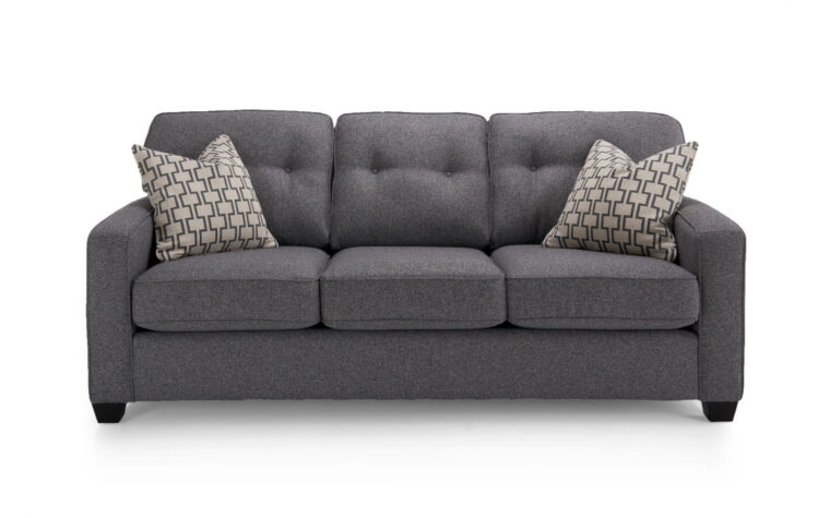 2298 sofa is a transitional sofa in a dark charcoal fabric with tufted back cushions