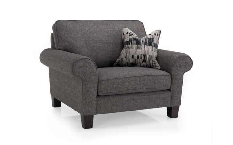 2323 chair and a half is a traditional chair and a half shown in a charcoal fabric with one accent pillow and wood legs