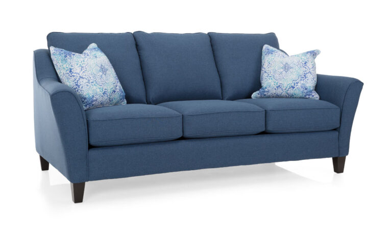 2342 sofa is a contemporary sofa in a blue fabric with light blue pillows and curved arms
