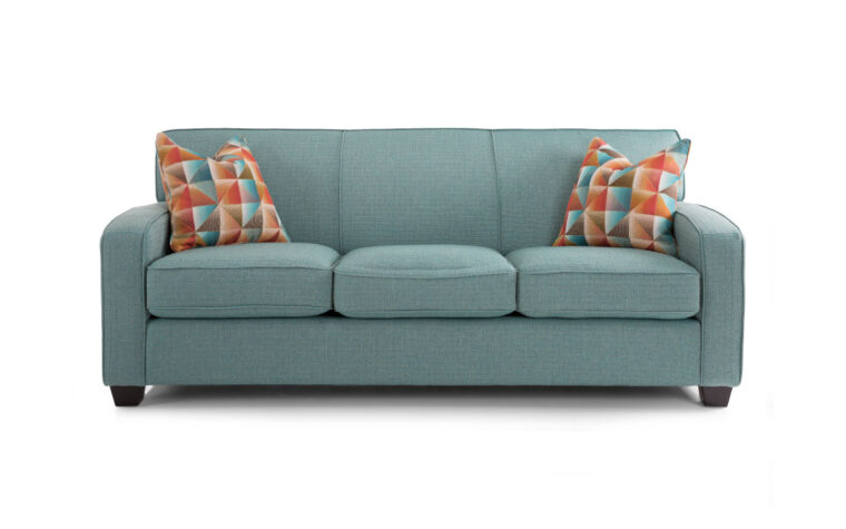 2401 sofa is a transitional sofa shown in turquoise blue fabric with bright colorful accent pillows