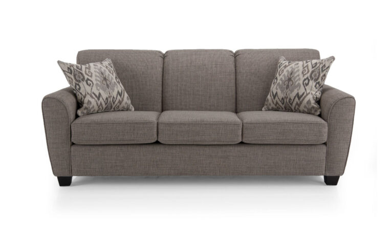 2404 sofa is a transitional sofa shown in a dark charcoal fabric with espresso wood finish and fun toss cushions
