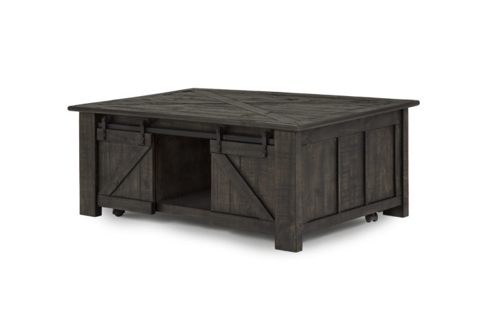 The Garret Lift Top Cocktail Table is constructed from pine solids, metal and casters and has a weathered charcoal finish
