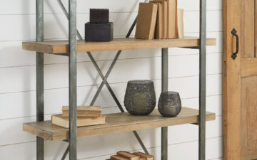 forestmin is an industrial shelf that combines wood shelves with metal braces. Will look great in an industrial loft. Shelf has four shelves