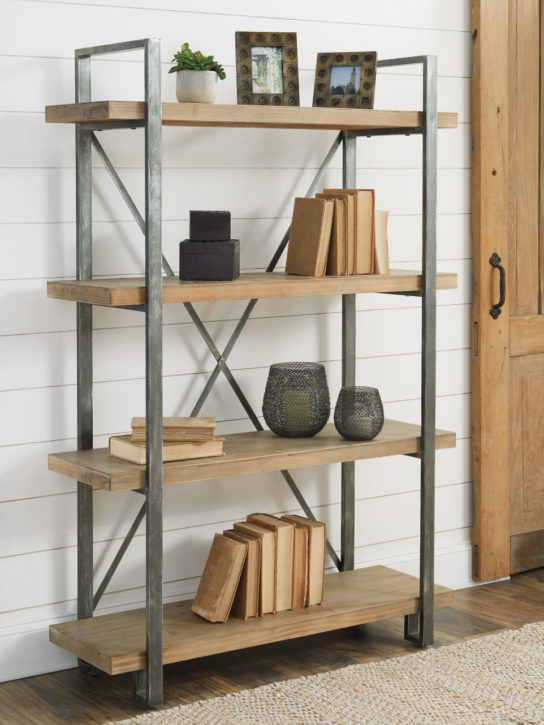 forestmin is an industrial shelf that combines wood shelves with metal braces. Will look great in an industrial loft. Shelf has four shelves
