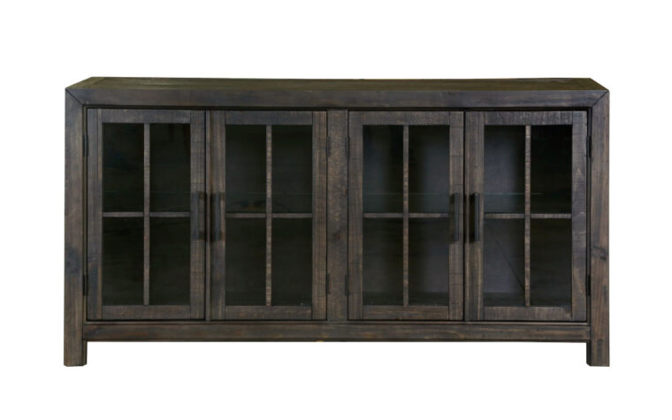 The Bellamy Buffet Curio by Magnussen is constructed from pine solids, plywood, metal and levelers and has a peppercorn finish