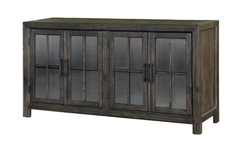 The Bellamy Buffet Curio by Magnussen is constructed from pine solids, plywood, metal and levelers and has a peppercorn finish