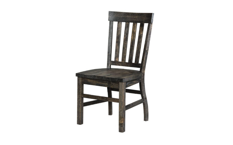 The Bellamy Dining Side Chair is crafted from pine solids, plywood, metal and levelers and has a peppercorn finish