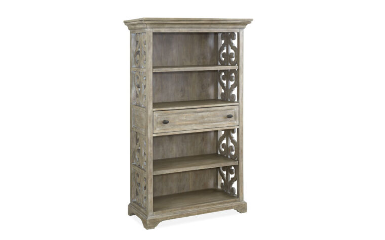 The Tinley Park Bookcase is constructed from pine solids and has a dove tail grey finish.