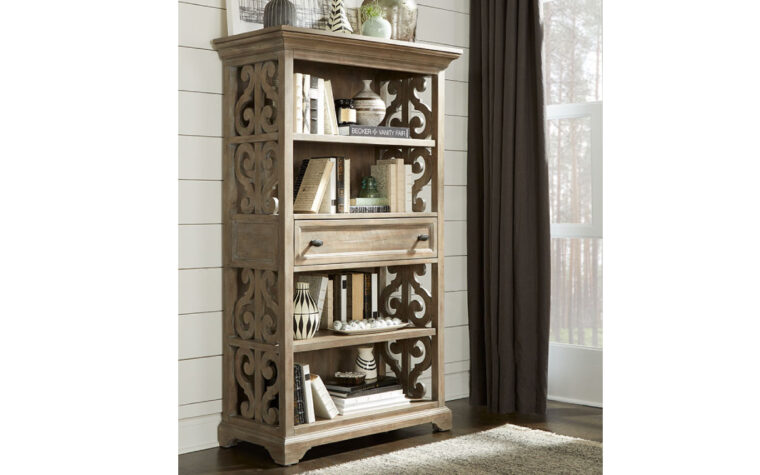 The Tinley Park Bookcase is constructed from pine solids and has a dove tail grey finish.