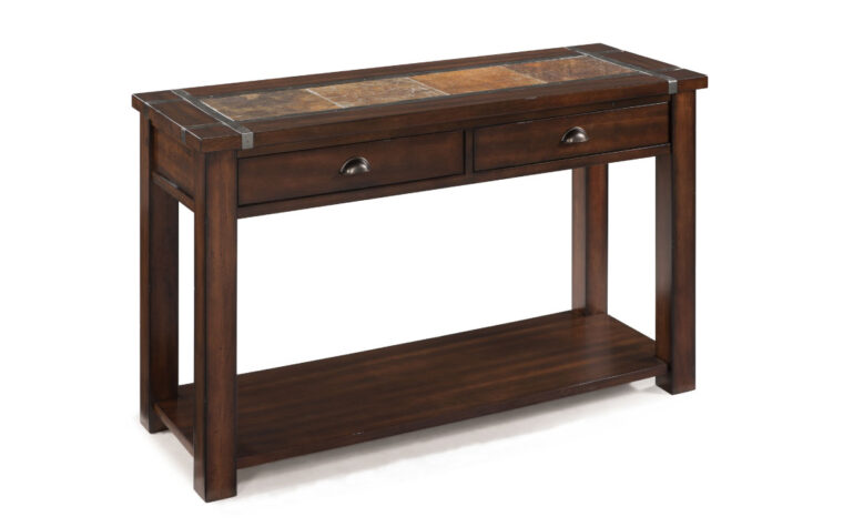 The Roanoke Sofa Table by Magnussen has a vibrant slate inlay and constructed from cherry veneer
