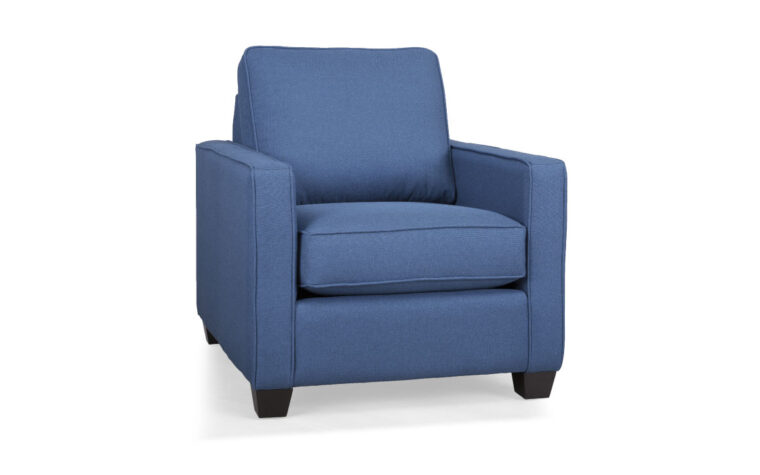 contemporary chair design in a blue fabric with espresso wood finish