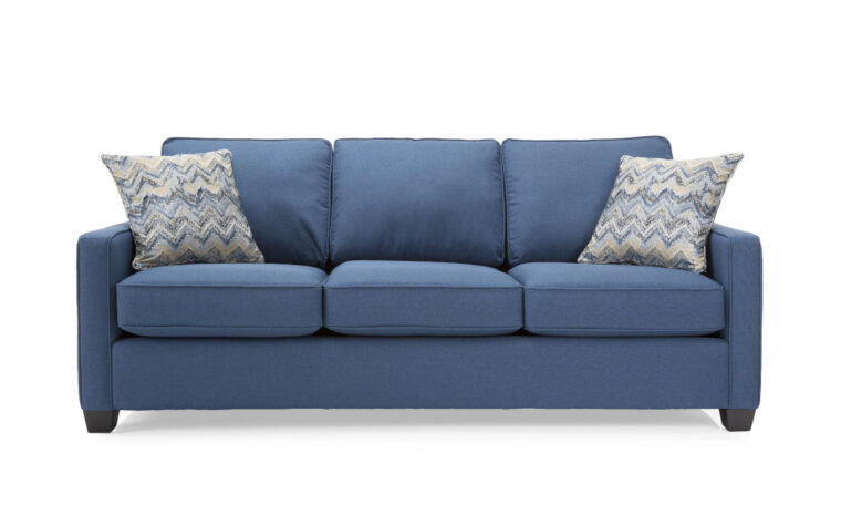 2855S sofa is a transitional sofa with 3 seat cushions, square arms and in a blue fabric