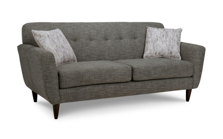 4740 sofa is a mid-century modern sofa shown in a charcoal fabric with wood legs
