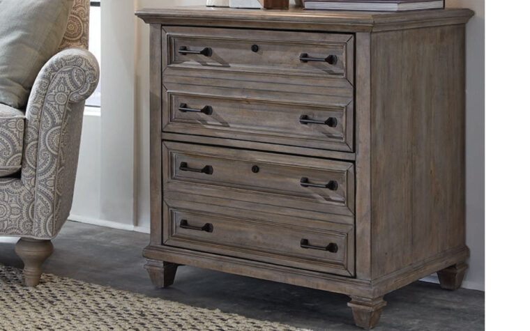 The Lancaster Lateral File by Magnussen has a dove tail grey finish that is accented with a weathered bronze hardware