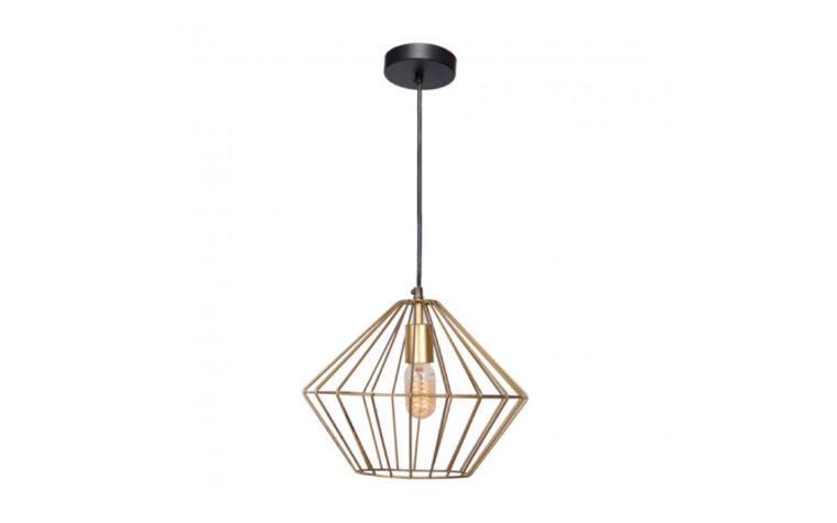 empira hanging light is in a hexagonal shape with an edison bulb and features a gold metal showcasing a very industrial style
