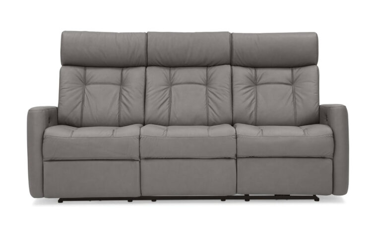 west coast sofa is a transitional sofa with small line tufting on the back and shown in a grey leather