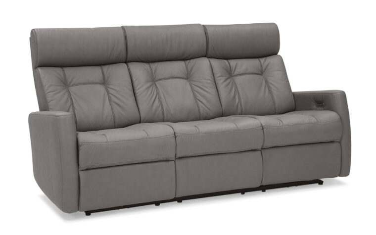 west coast sofa is a transitional sofa with small line tufting on the back and shown in a grey leather