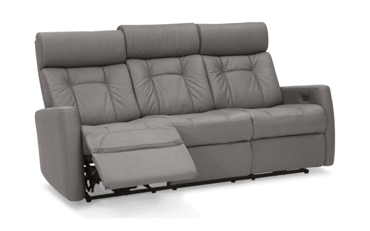 west coast sofa is a transitional sofa with small line tufting on the back and shown in a grey leather