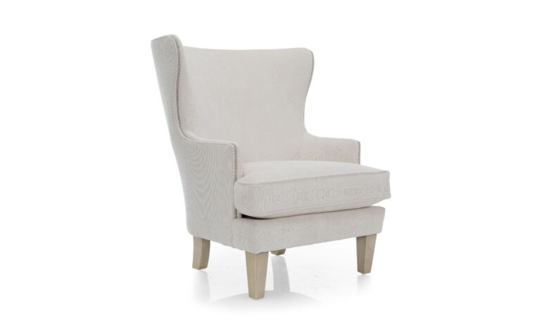 2492 chair is a transitional wing chair with whtie fabric and a light wood finish on the legs