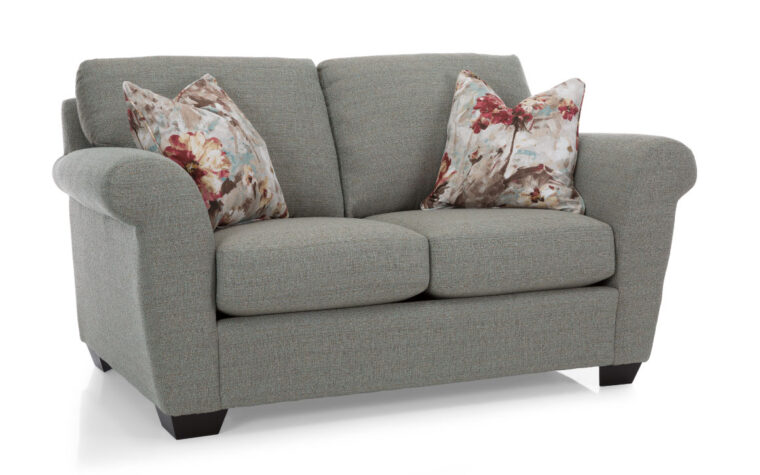 2553 loveseat is a traditional sofa with curved arms, grey fabric, and red and white toss cushions