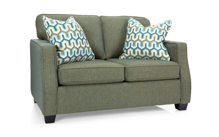 2570 loveseat is a green sofa with blue and geen accent pillows and great for a transitional living room