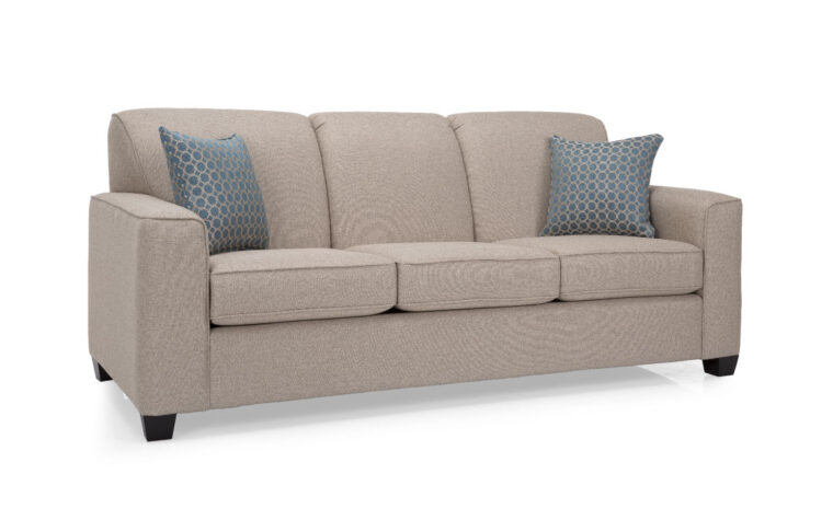 2705s sofa is a transitional sofa from decor rest, made in canada, and has a light beige fabric with blue pillows and espresso wood feet
