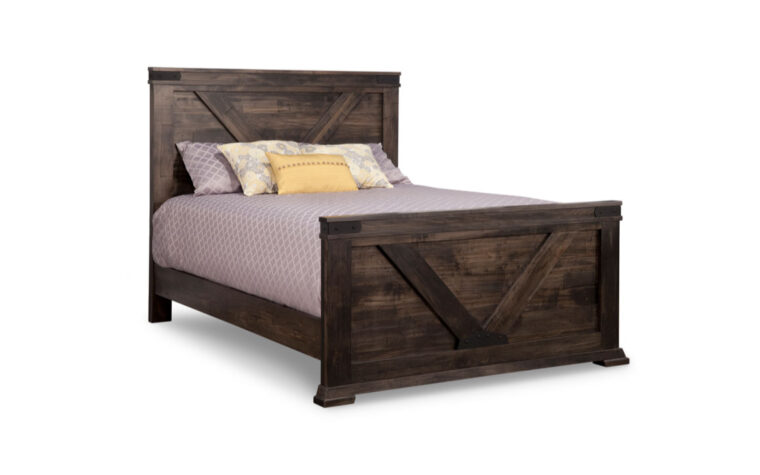 chatanooga bed is a traditional, rustic bed in a dark wood finish featuring a barn door look.