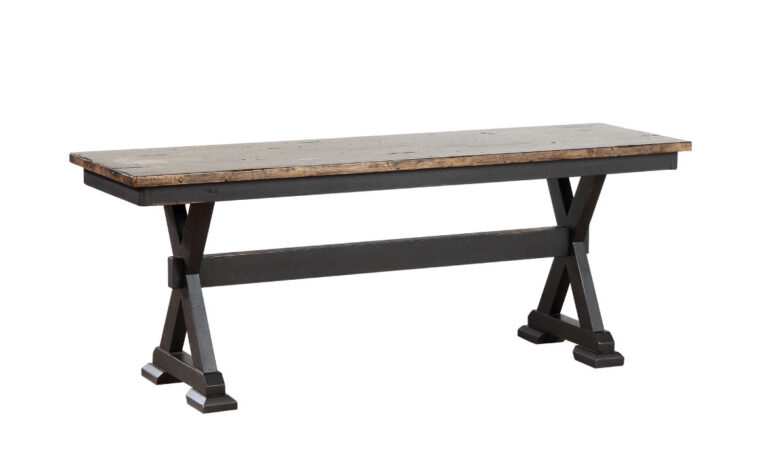 paxton bench is a industrial style benc with metal base with a wood top and legs are in an 'x' pattern