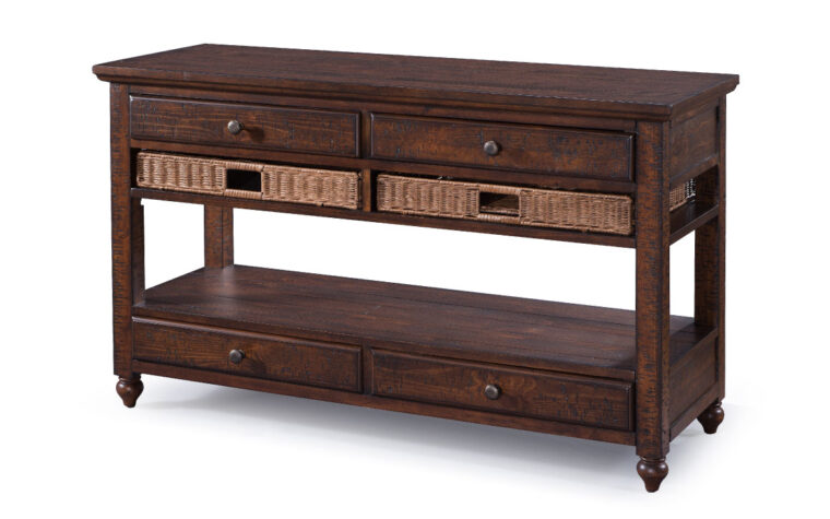 The Cottage Lane Sofa Table by Magnussen has a coffee finish and accented with weathered bronze hardware.