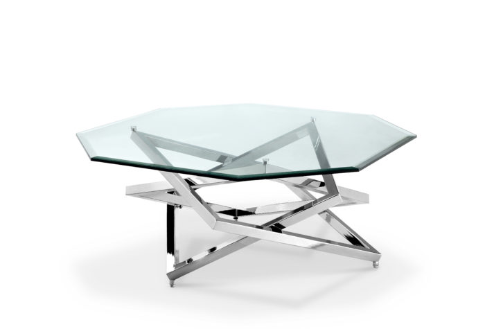 The Lenox Cocktail End Table by Magnussen has a geometric shape with a chrome finish