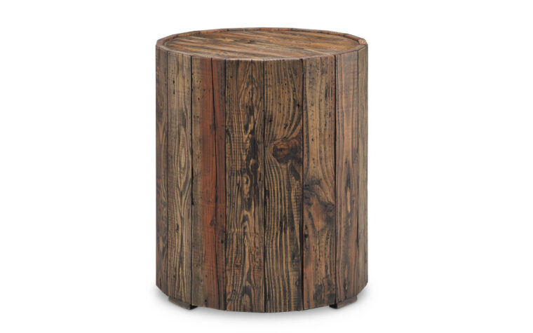 The Dakota End Table by Magnussen is constructed from reclaimed wood and has a rustic pine finish