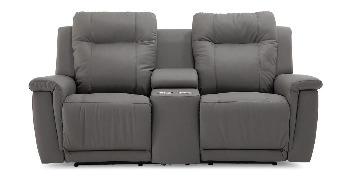 riley loveseat is a relaxed casual loveseat iwth a consol in the middle in a charcoal leather