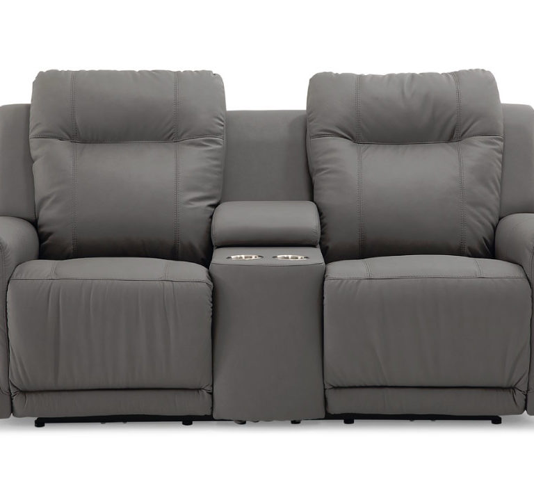 riley loveseat is a relaxed casual loveseat iwth a consol in the middle in a charcoal leather