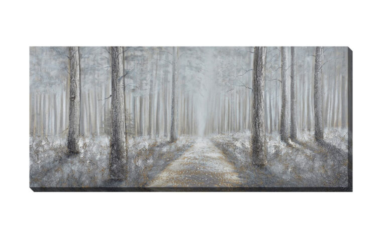 misty woods is a transitional oil painting on a gallery wrapped canvas of a woods in white with mist