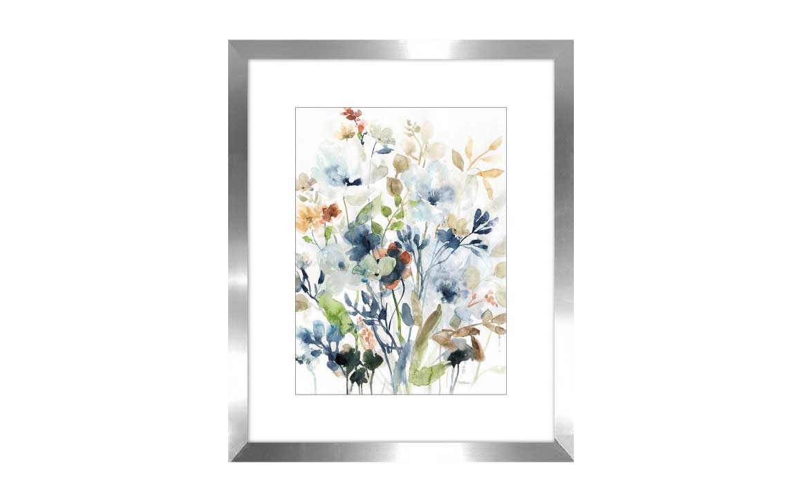 holland spring i is a watercolor painting in green and blue with a white matte and grey frame with glass