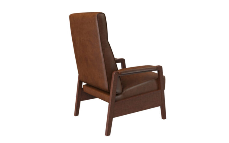 Back shot of the Oxford recliner from Vogel by Chervin in brown leather and walnut arms and legs