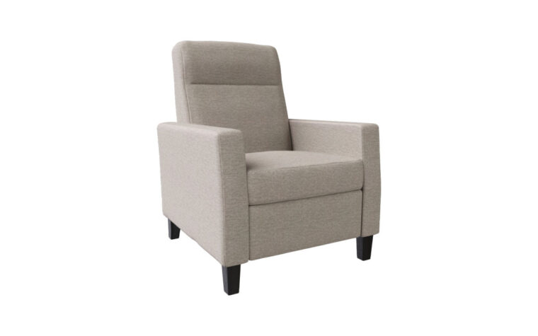 Side shot of the Bexley Power Recliner Chair from Vogel by Chervin in a cream fabric with espresso legs