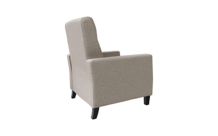 Back shot of the Bexley Power Recliner Chair from Vogel by Chervin in a cream fabric with espresso legs