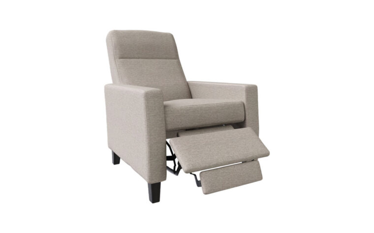 Side shot of the Bexley Power Recliner Chair from Vogel by Chervin in a cream fabric with espresso legs in a reclining position