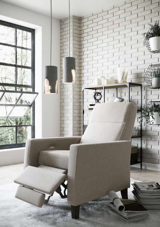 The Bexley Power Recliner Chair from Vogel by Chervin in a cream fabric with espresso legs in a modern white living room