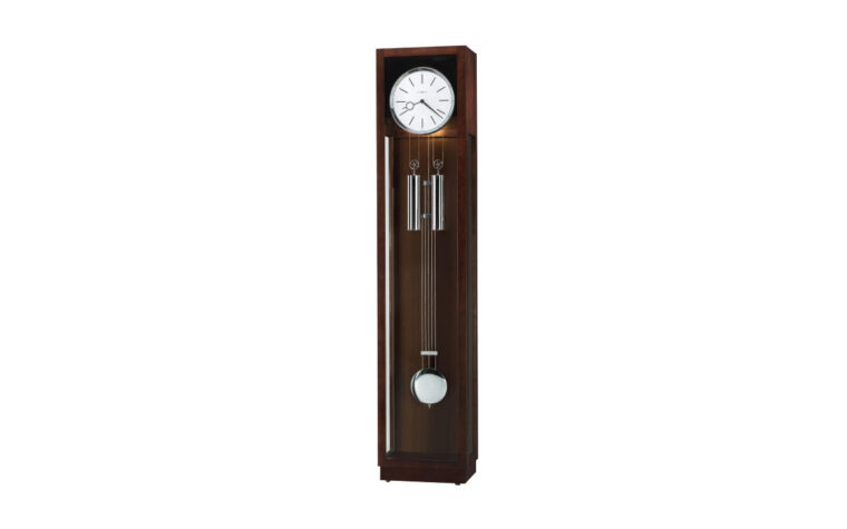 611220 Avalon Floor Clock by Howard Miller - boxy grandfather clock in dark wood finish with glass front exposing pendulum and clock mechanics