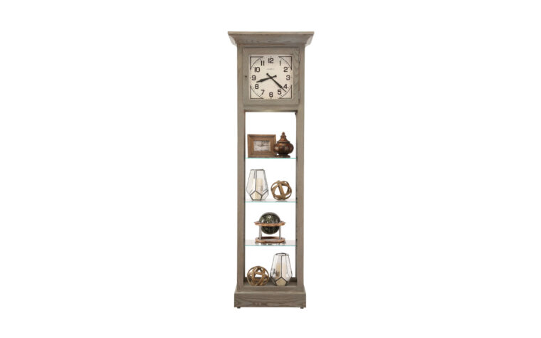 611296 Marcella Floor Clock by Howard Miller - grey wood finish on floor clock with square clock face and glass-enclosed interior featuring display shelves