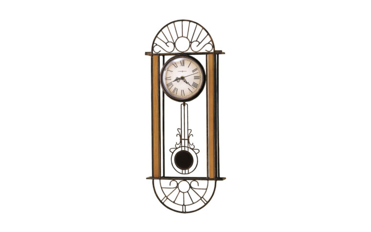 625241 Devahn Wall Clock by Howard Miller - wall clock with extensive metal detailing on upper and lower arches and round clock face with hanging pendant suspended between
