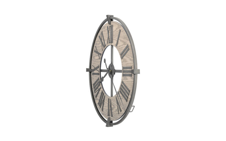 625646 Eli Wall Clock by Howard Miller - oversized brushed aged-silver finished wrought iron wall clock (side)