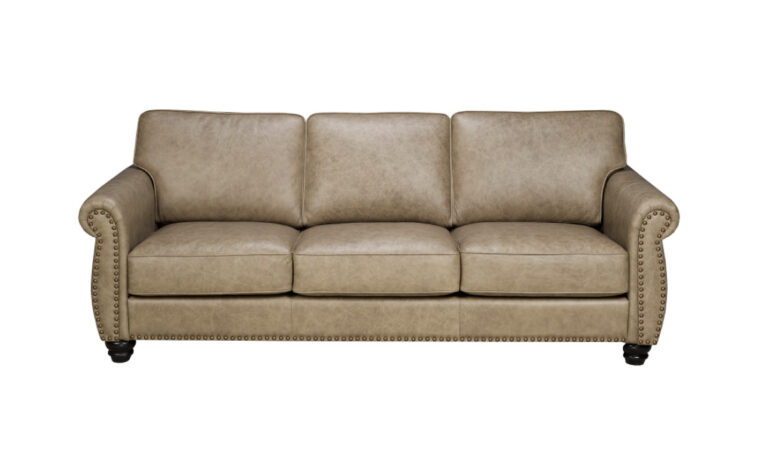 Bogart Sofa by LeatherCraft - taupe leather 3-seat sofa with plush cushions, wooden legs, and rolled arms