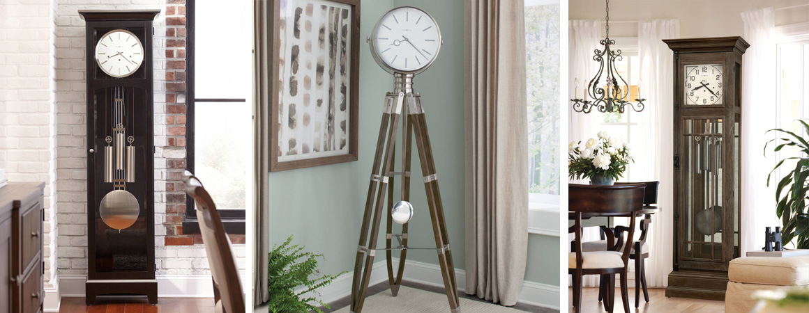 Howard Miller Grandfather Clocks - modern and transitional clocks in natural light in living rooms